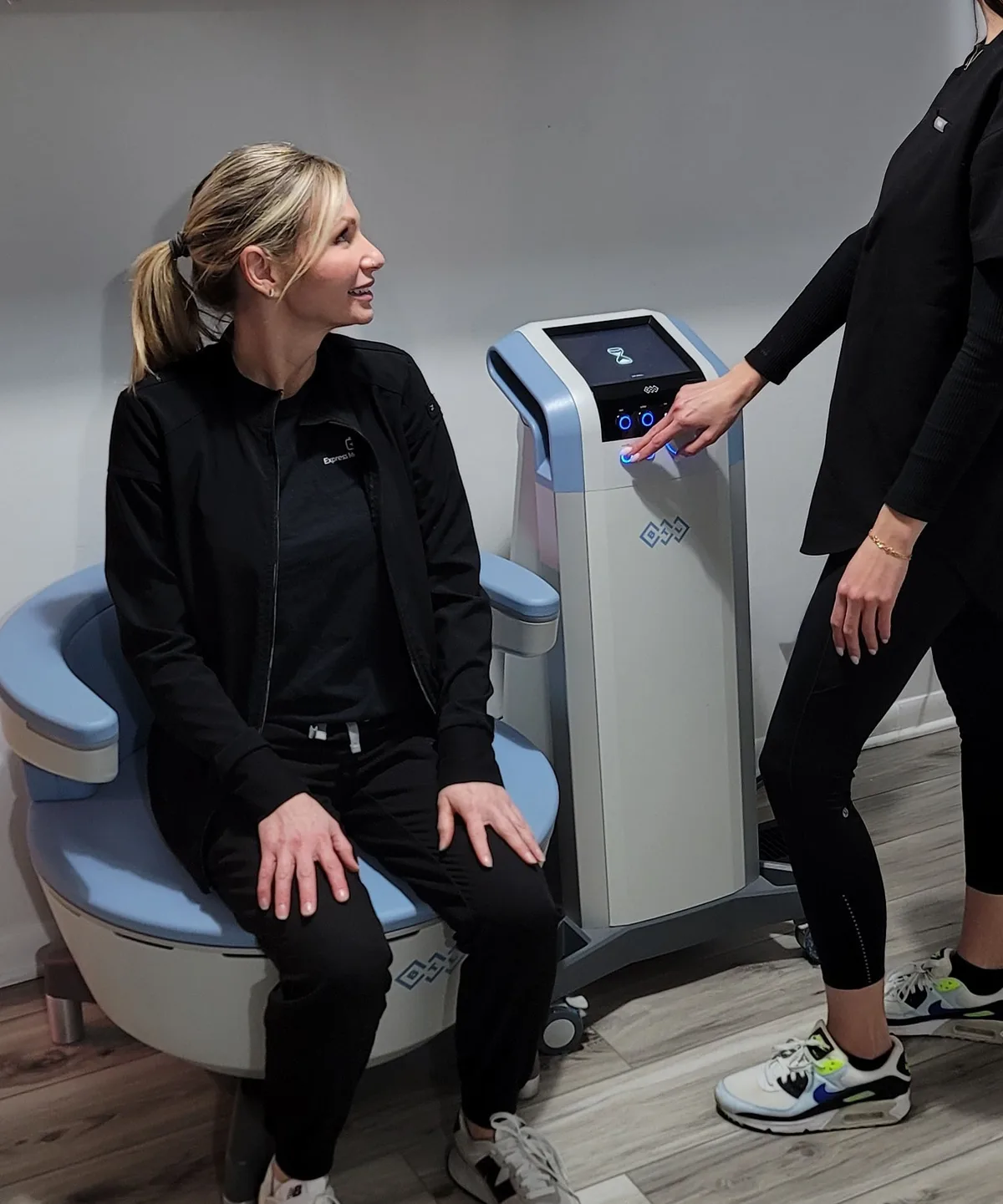 BTL Emsella pelvic floor chair in dedicated med spa treatment suite