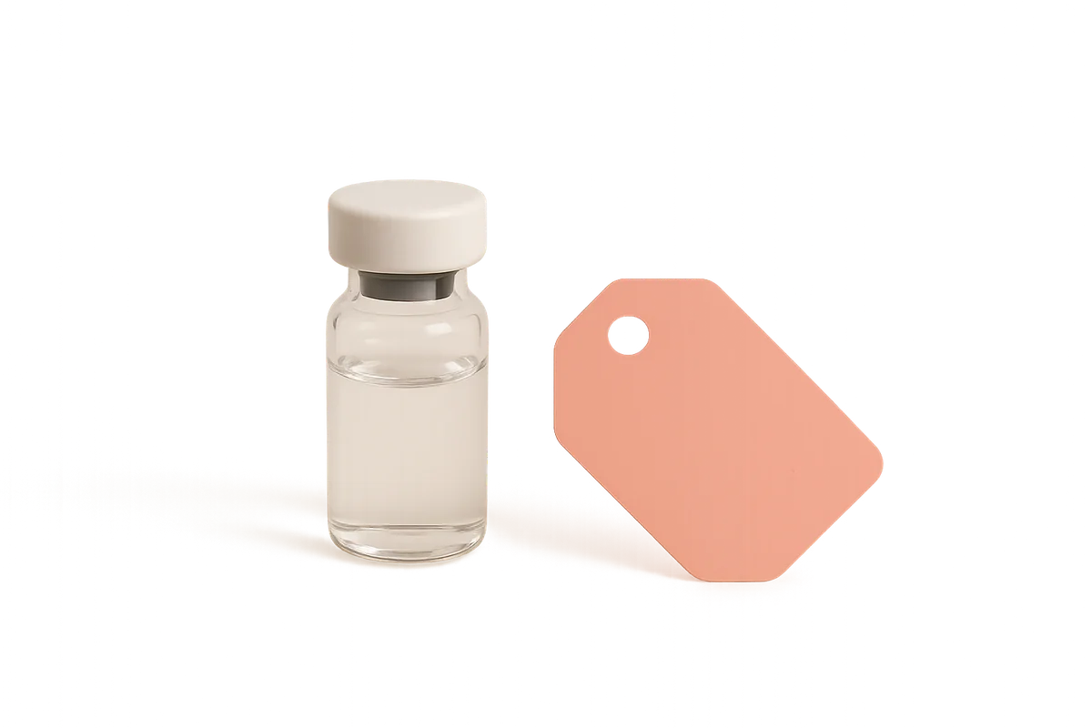 Cosmetic injectable medicine vial with price tag illustrating per-unit versus per-area med spa pricing.