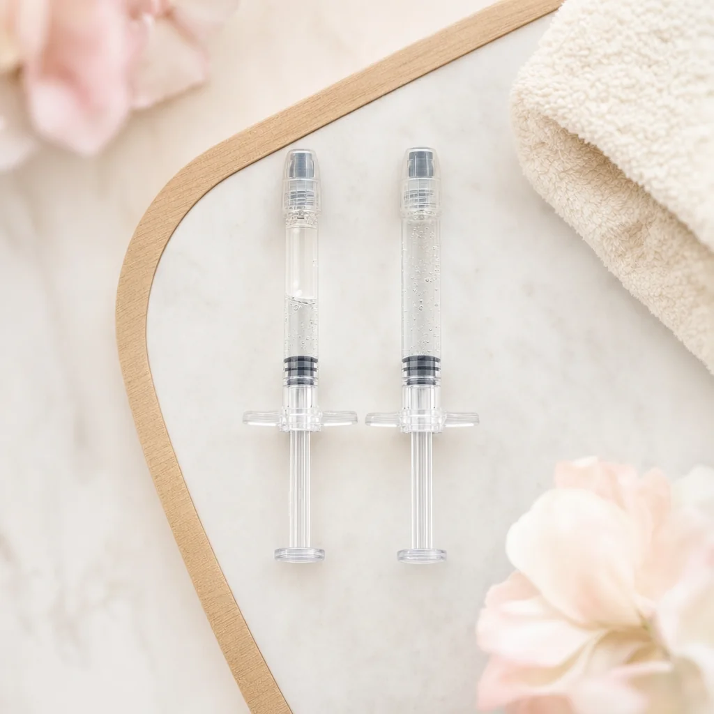 Two dermal filler syringes side-by-side on a clinical treatment tray showing 0.5 mL and 1.0 mL volume differences.