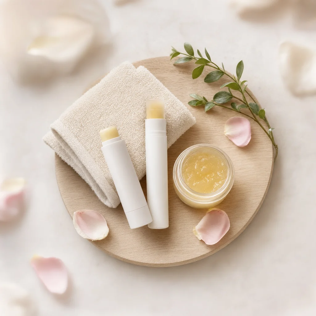 Lip filler aftercare products including healing balm, arnica, and recovery compress on a wooden tray.