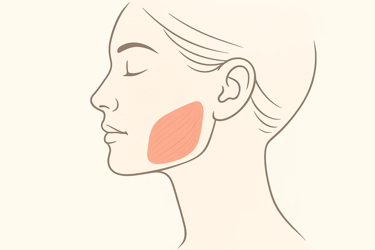 Medical illustration showing the location of the masseter muscle along the jawline for Botox injections.