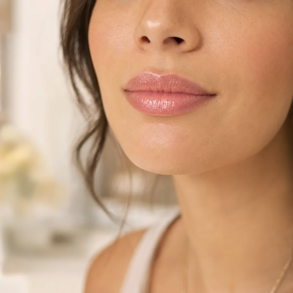 Close-up of hydrated, natural lip results following a subtle mini lip plump treatment.