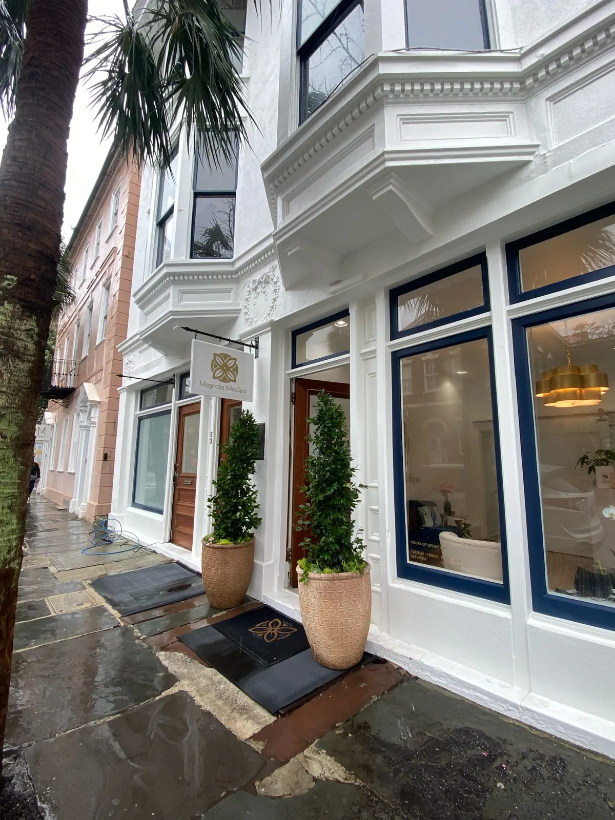 Storefront with a hanging Magnolia MedSpa sign and a wooden door beside planters