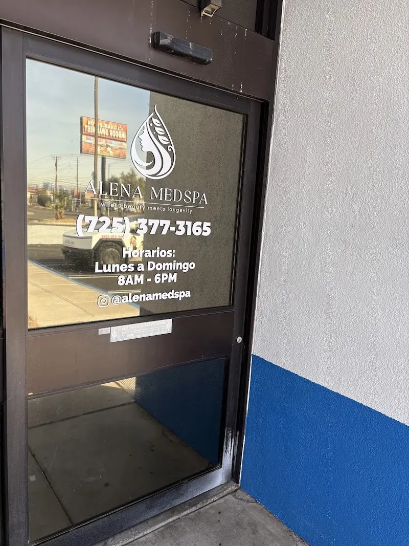 Glass entrance door with Alena Medspa logo, opening hours and phone number decal