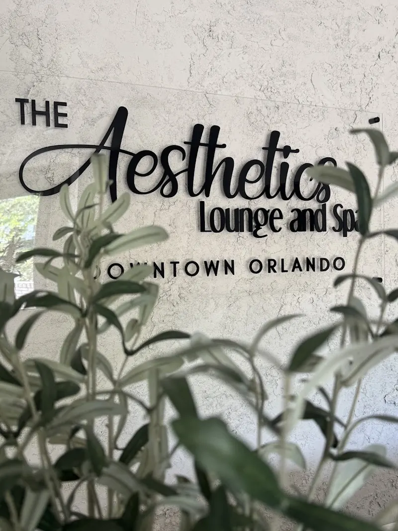 Black wall sign reading The Aesthetics Lounge and Spa, Downtown Orlando, behind olive leaves