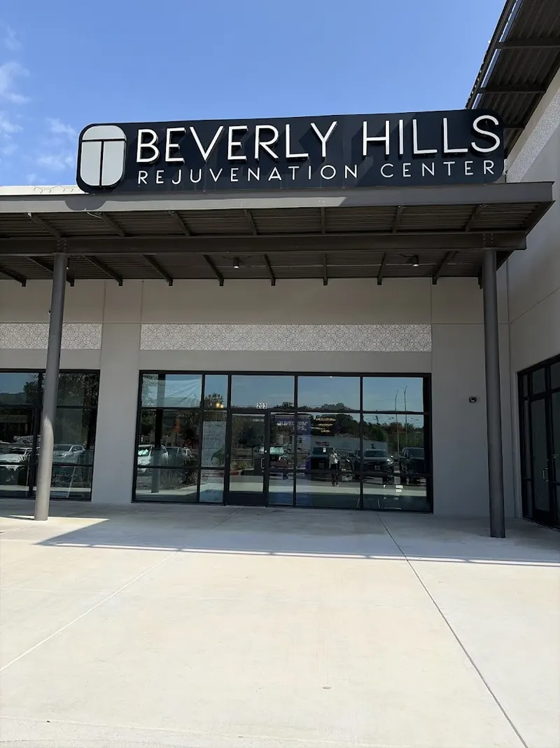 Storefront under a covered walkway with a Beverly Hills Rejuvenation Center sign above